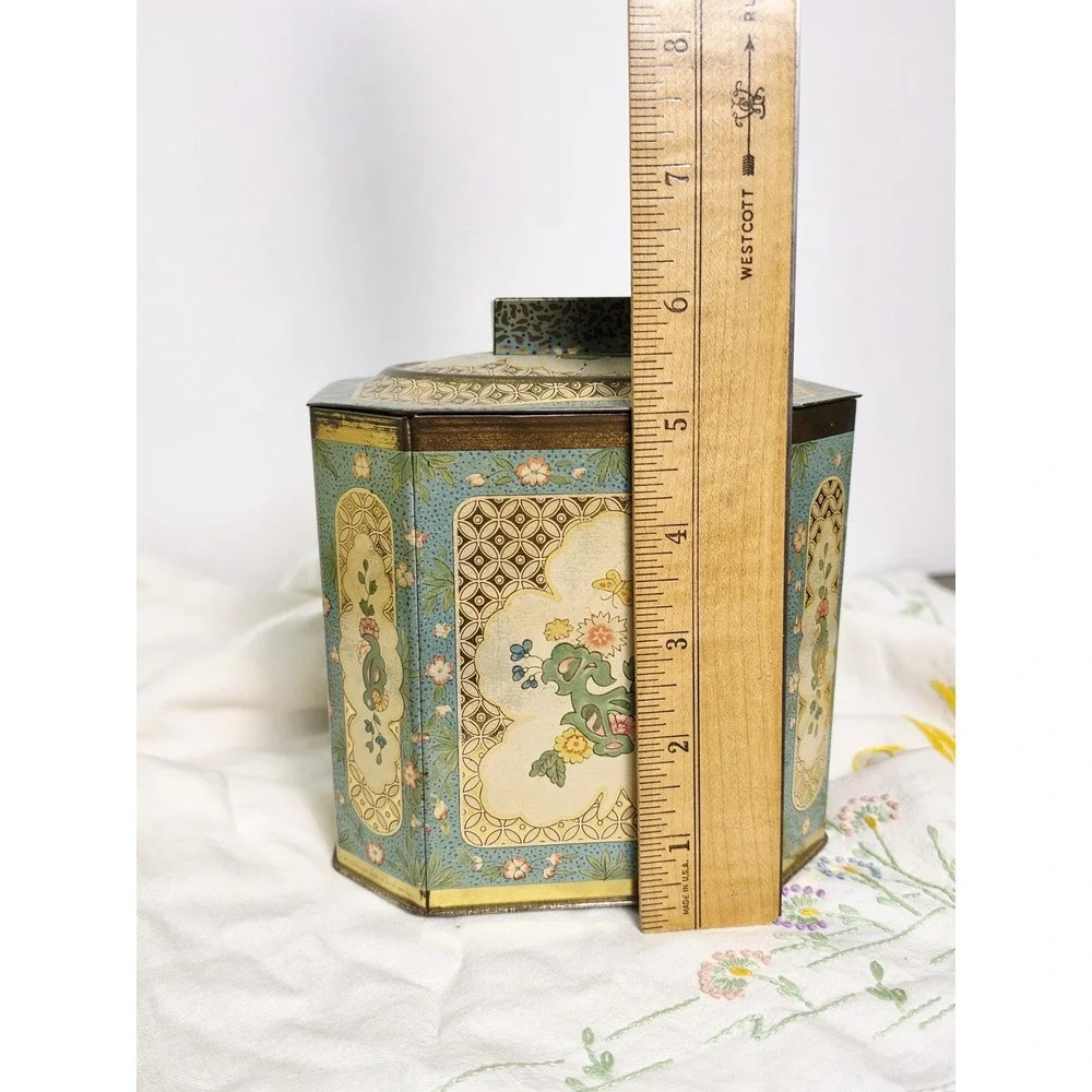 Vintage Baret Ware Floral Biscuit Tin, Gold and‎ Teal Stash Box